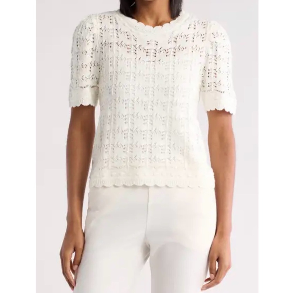 French Connection Ivory Scallop-Edge Knit Short Sleeve Top